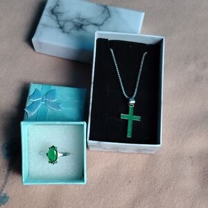 Elegant Green Gemstone Ring and Cross Necklace Set